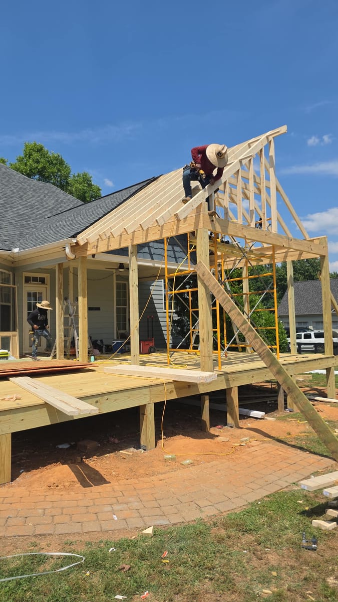 Roof trusses being set over the extended deck, Adairsville, Georgia