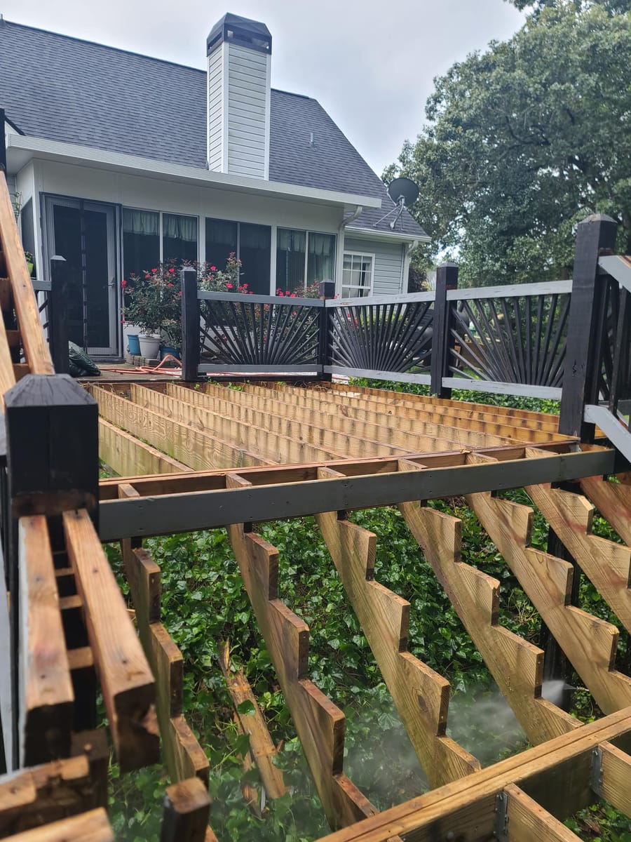Underside showing the retained joist structure and railing posts, Atlanta, Georgia
