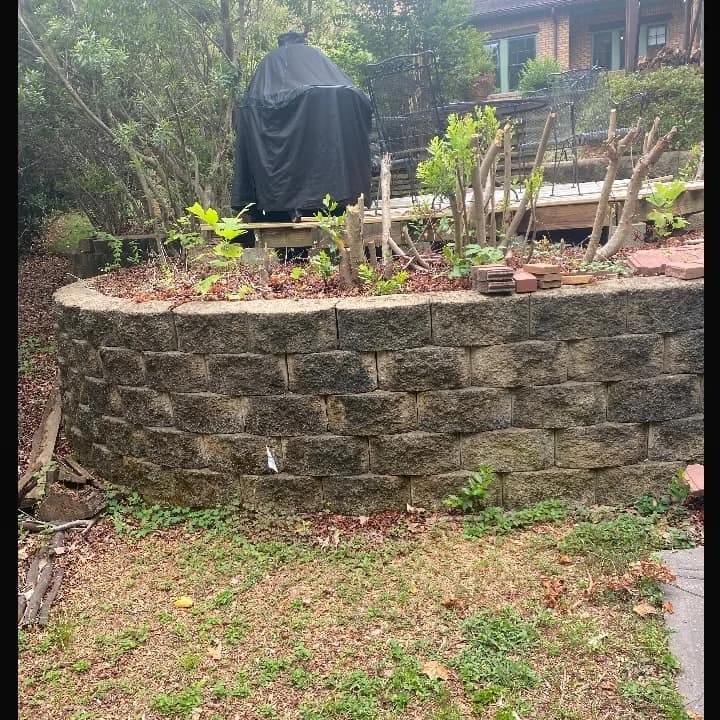 Existing block retaining wall and planting bed before work, Atlanta, Georgia