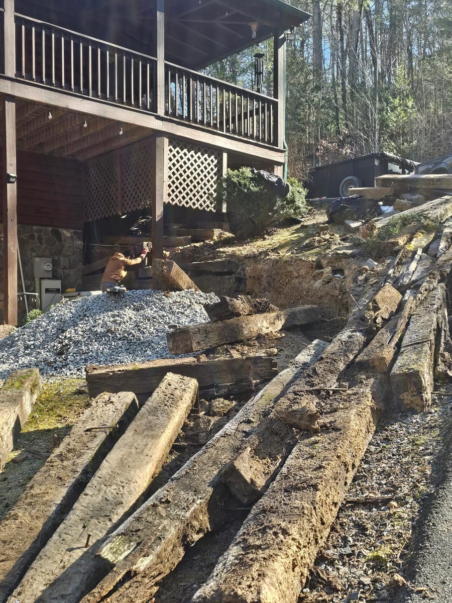 Old timbers stacked clear of the new work, Blue Ridge, Georgia