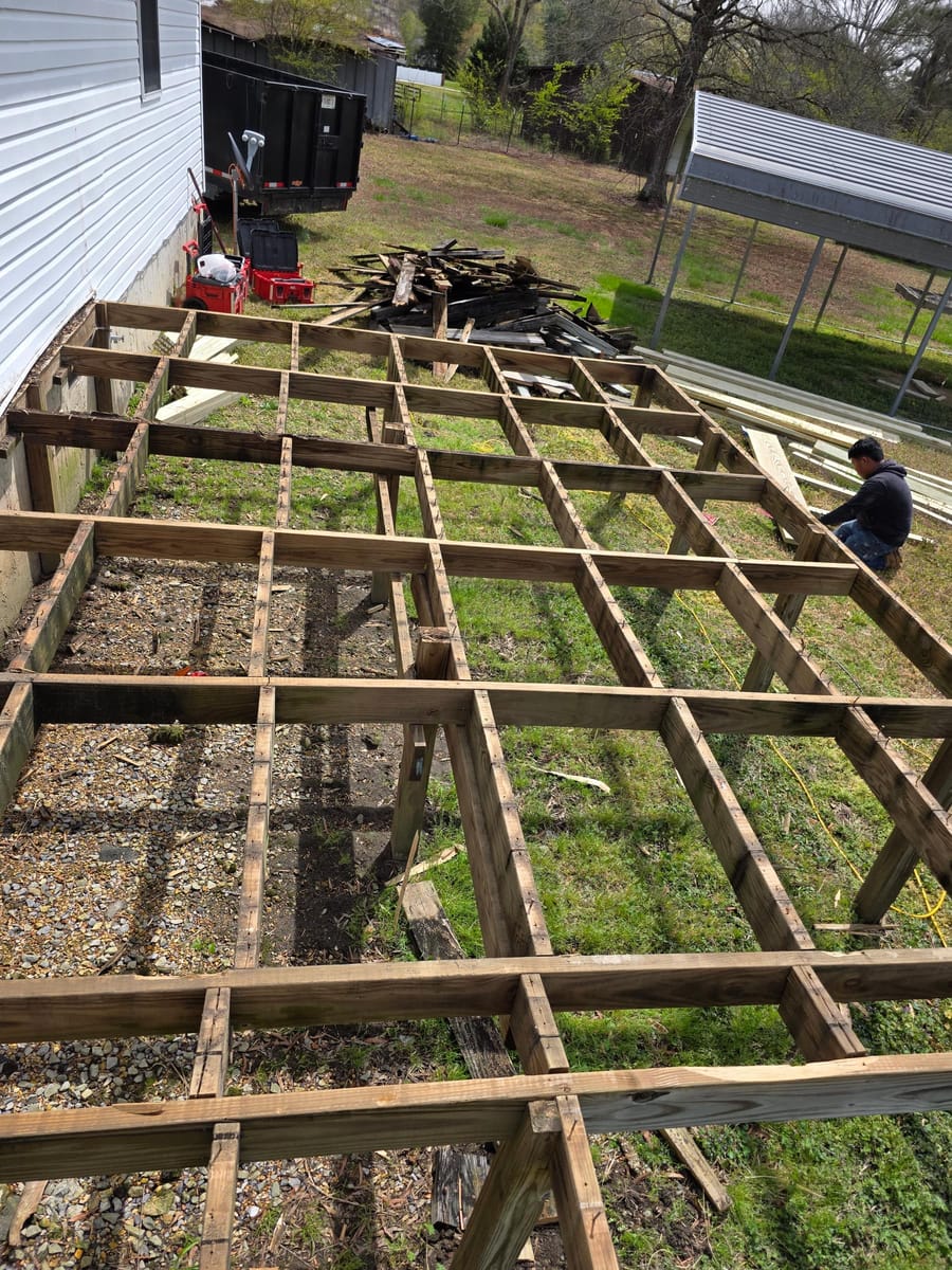 Deck reduced to bare joists before new boards went down, Chatsworth, Georgia