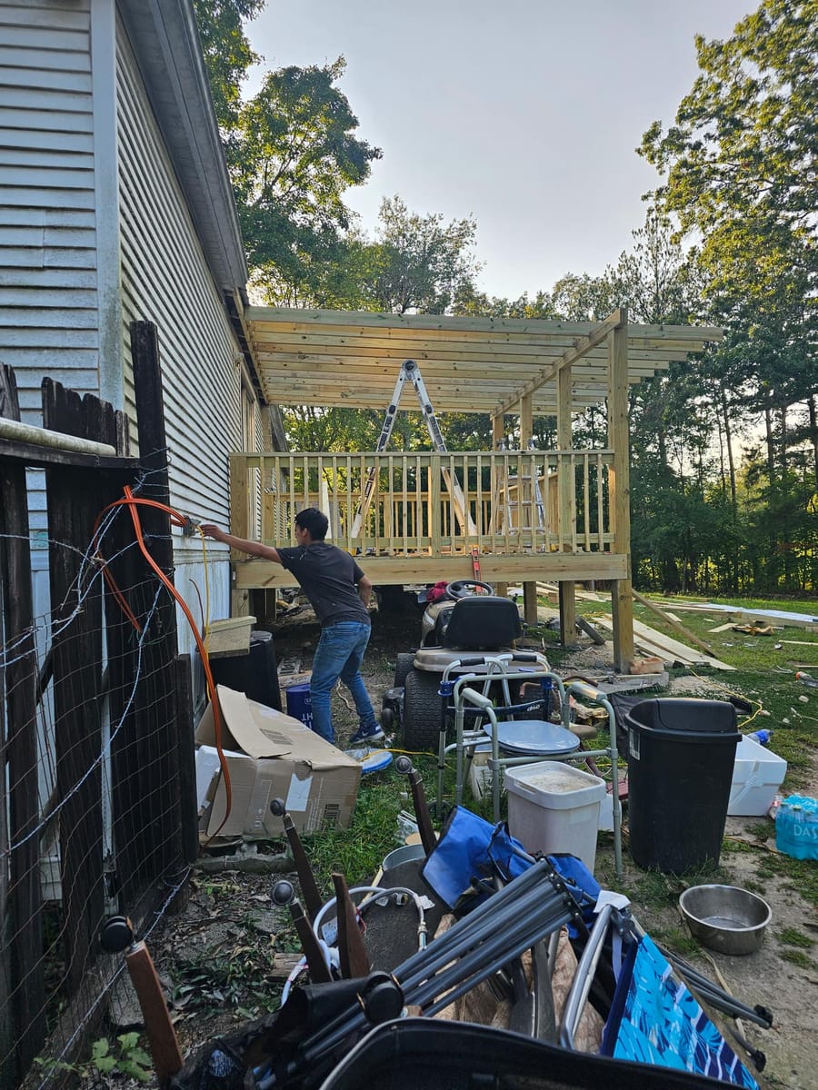 New deck with roof structure and stair access built onto a manufactured home, Dalton, Georgia