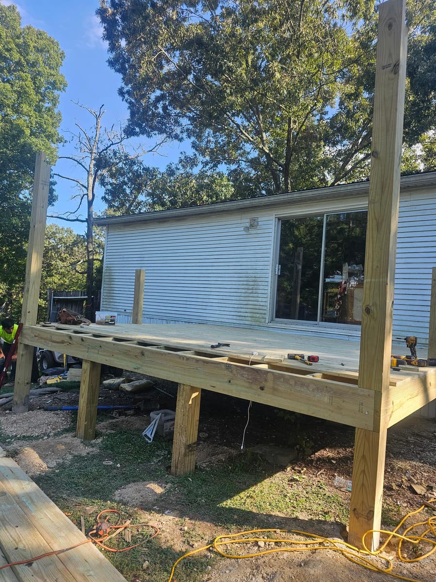 New deck with roof structure and stair access built onto a manufactured home, Dalton, Georgia