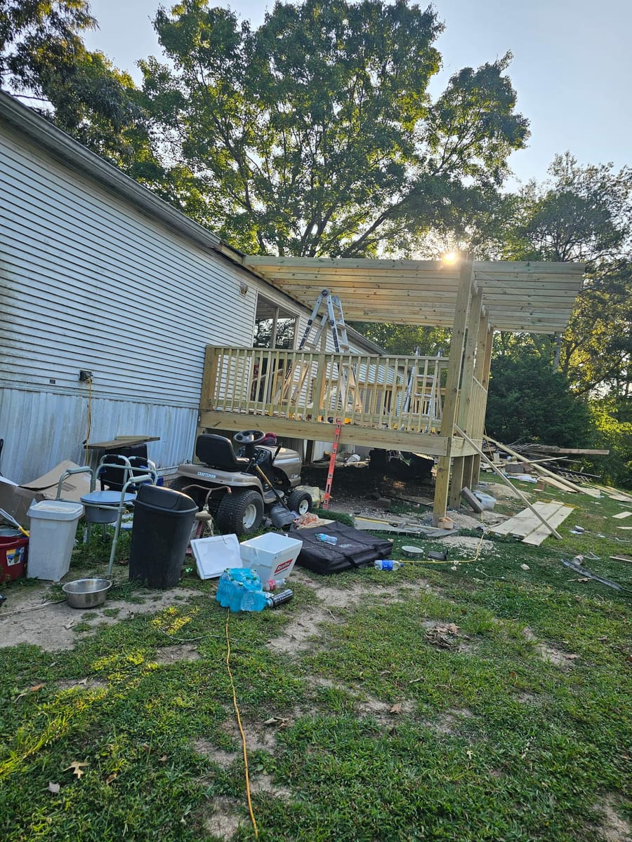 New deck with roof structure and stair access built onto a manufactured home, Dalton, Georgia