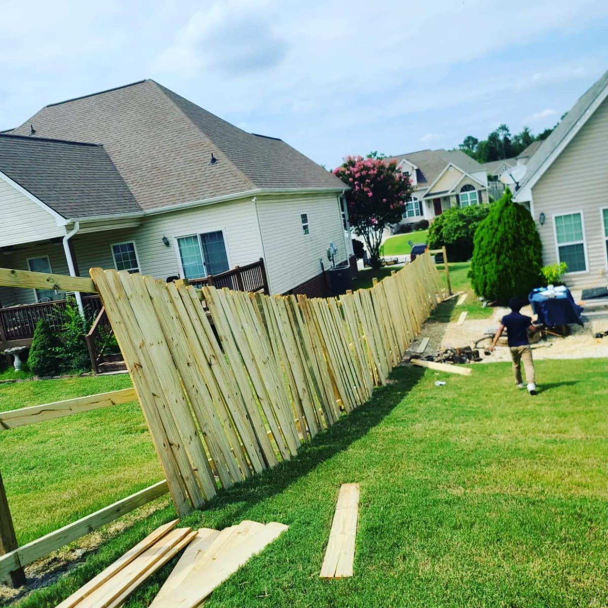 Pickets hung along the run before the posts were secured and the line pulled straight, Ringgold, Georgia